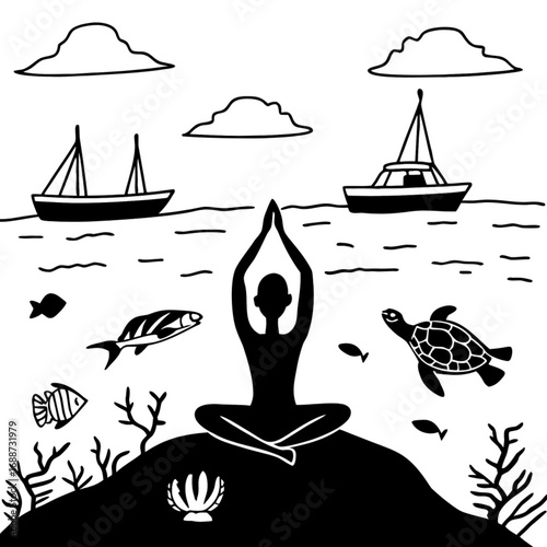 Minimilist silhouette of person in yoga pose with boats clouds fish and turtle in a nautical themed illustration vector