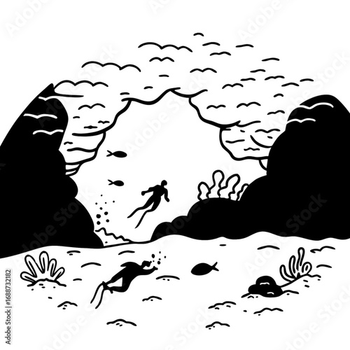 Minimilist illustration of scuba divers exploring underwater cave with fish and coral reef in black and white style vector
