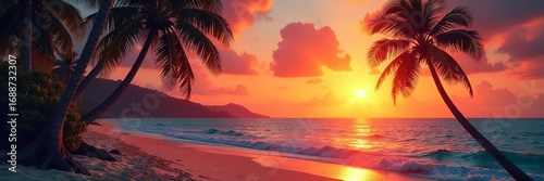 Serene sunset over a tropical beach, silhouetted palm trees sway gently in the warm ocean breeze, creating a picturesque scene of tranquil beauty ,  florida,  exotic,  sun