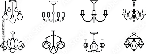 Elegant chandelier vector set with modern and classic lamp designs. Decorative hanging light icons in minimal line art style. Perfect for home interior, and architectural projects.