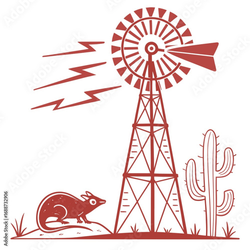 Minimilist illustration of a windmill with a rat and cactus in a desert landscape with lightning in the sky vector