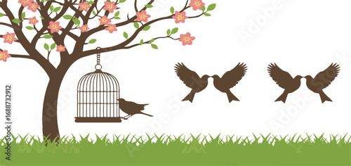 Illustration of birds cage tree and flowers on white background