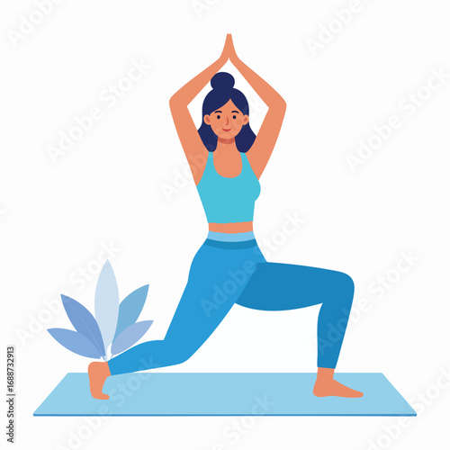 Woman practicing yoga warrior pose on exercise mat.