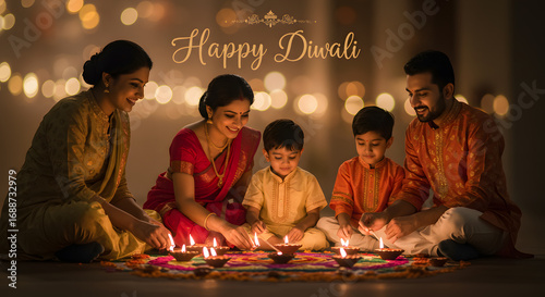 Happy indian family celebrating a diwali festival by lighting a diya lamp together