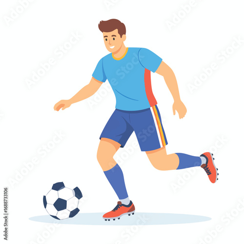 Smiling soccer player in action, dribbling a ball.