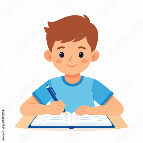 Happy boy diligently writing in his notebook, focused on his studies.