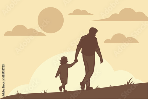 Silhouette of father and child walking hand in hand at sunset background
