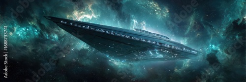 Large, dark spaceship in a swirling nebula
