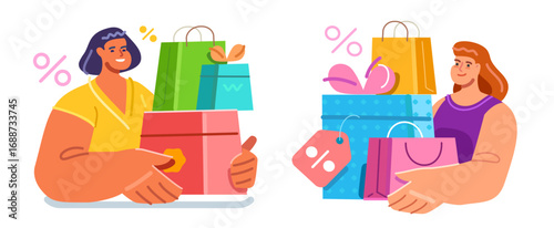 Young happy woman with colorful shopping bags. Making purchases at retail store. Online shopping concept