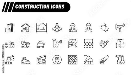Construction Icons Set Line Art Style Building Industry