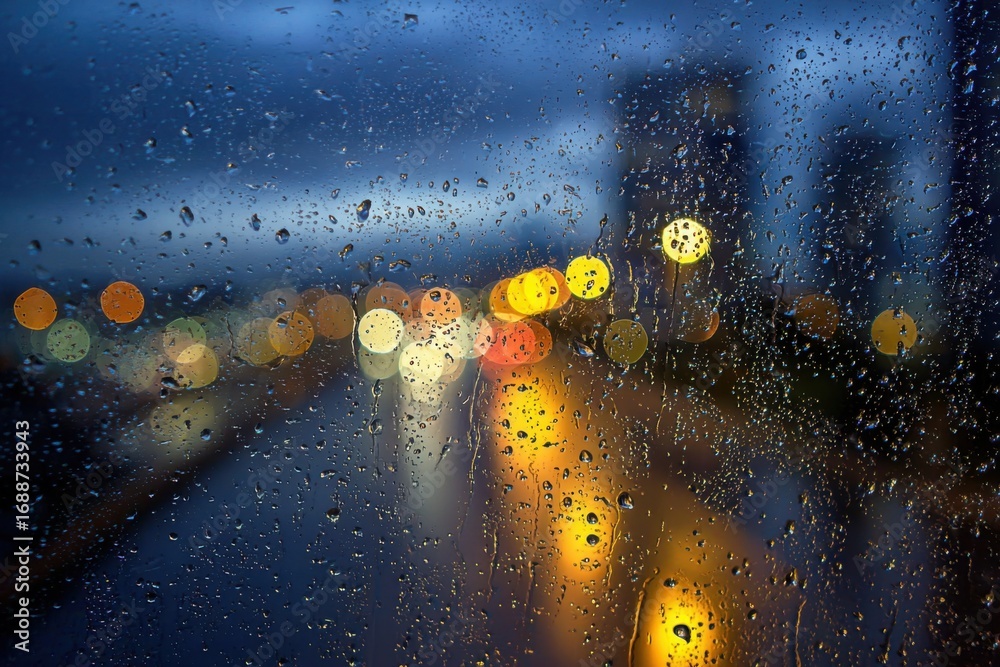 Fototapeta premium Raindrops on a window, night city lights blurred