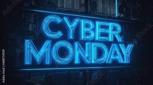 Cyber Monday Sale Banner with Neon Blue Text and Digital Shopping Event Design