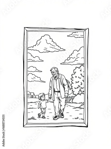 Minimilist illustration of a grandfather and grandson walking together in a park framed by a border line art vector