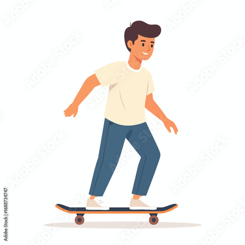 Smiling young man skateboarding, side view, cartoon style.