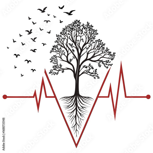 Minimilist silhouette of a tree with roots and branches, flock of birds and a red heartbeat line design element vector