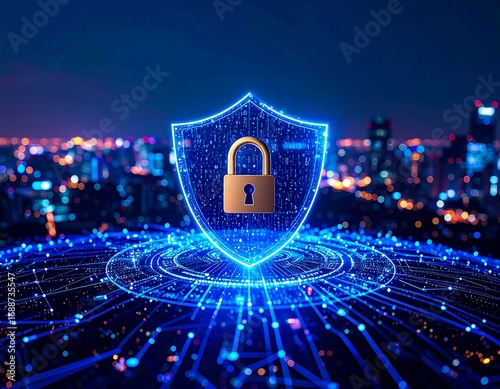 Digital shield over a city at night