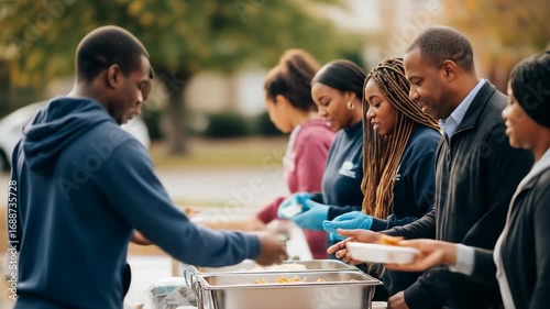 Group Of People Serve Food Outdoors On A Cloudy Day