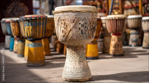 Cultural African Drums Workshop with Carved Wooden Percussion and Traditional Craftsmanship