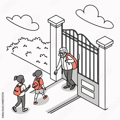 Minimilist illustration of two children walking through a gate as an adult enters with clouds above them all vector