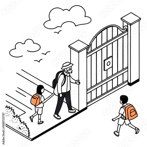 Minimilist isometric illustration of children with backpacks and an adult entering through a gate with clouds above them vector