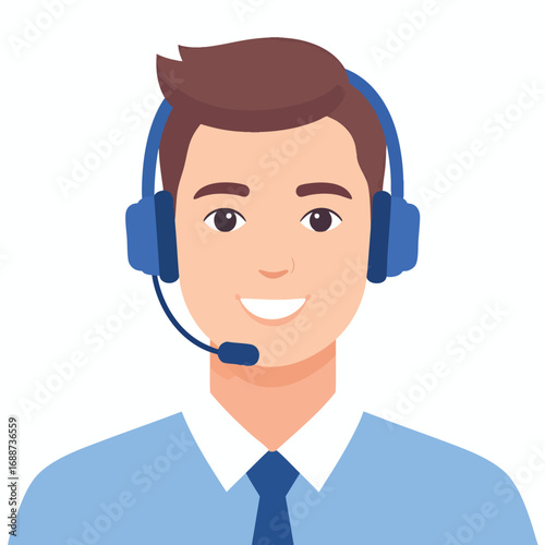Smiling customer service representative wearing headphones and headset.