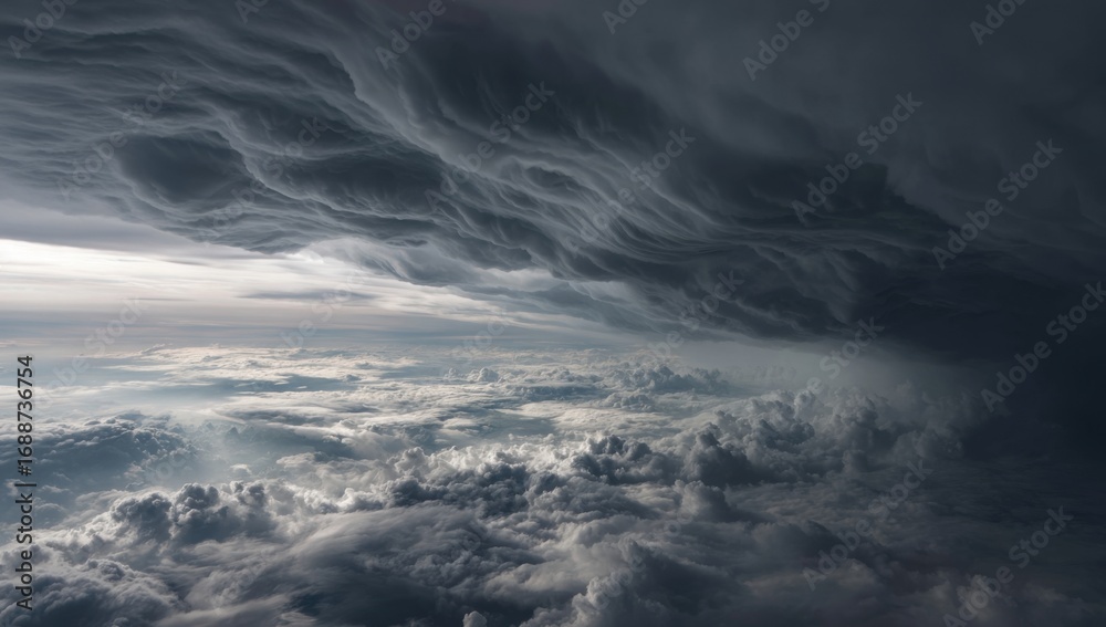 Obraz premium Dark storm clouds over a vast expanse of cumulus clouds