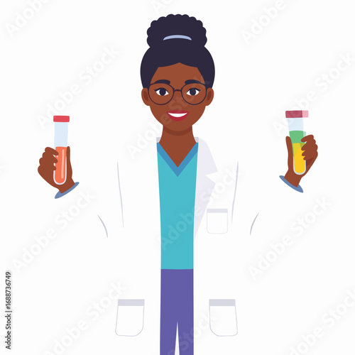A smiling Black female scientist holds two test tubes containing colored liquids.