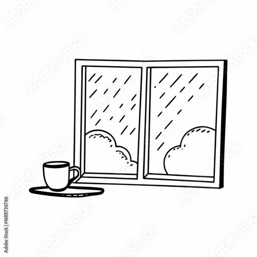 Minimilist a rainy day scene with a window showing rain clouds and a cup of coffee on a saucer beside it drawn art vector
