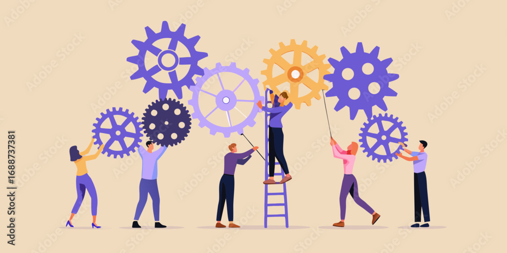 Ταπετσαρία Diverse team of people working together to assemble large interconnected gears s