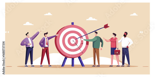 Diverse team of professionals collaborating to achieve a common business goal with an arrow hitting the bullseye on a target