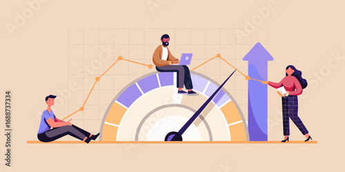 Team collaborating on data analysis and performance improvement with a large gauge and upward trending graph