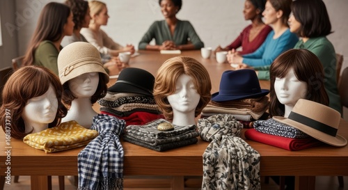 Diverse group of women in a support meeting with wigs and headwear.