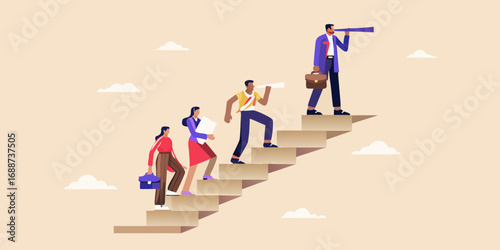 Diverse business team climbing stairs towards future success with leader looking through telescope