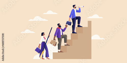 Diverse business professionals climbing stairs towards future success and opportunity with a leader looking through a telescope
