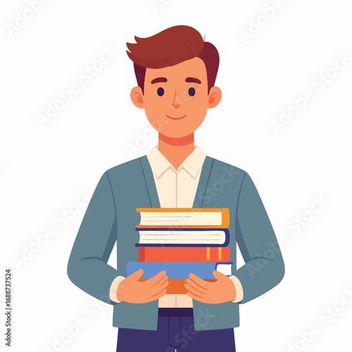 A smiling young man holds a stack of colorful books, ready to read.