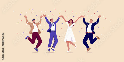 Diverse group of people in formal attire celebrating and jumping with confetti falling around them