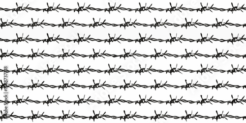 Seamless pattern of black barbed wire with sharp spikes on a white background