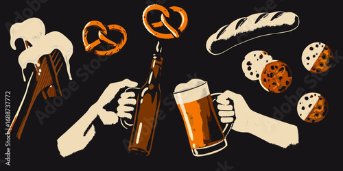 Hands holding beer mugs and bottles with pretzels sausage and cookies against a dark background