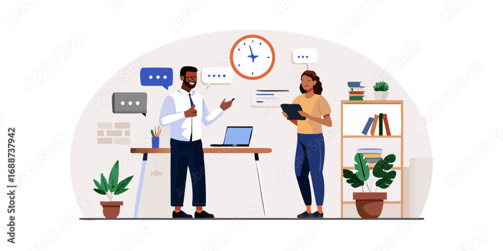 Fototapeta premium Diverse colleagues collaborating in an office discussing ideas with speech bubbles and a clock on the wall