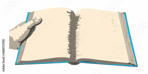 Stylized illustration of an open book held by a hand with blank pages and blue binding