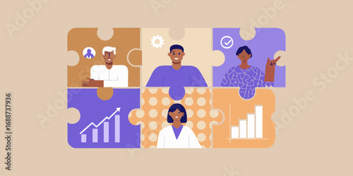 Diverse team members collaborating and analyzing data represented as puzzle pieces