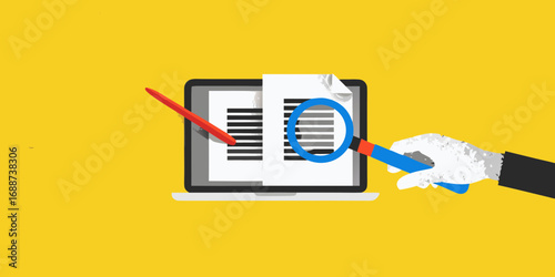 Close up of a hand holding a magnifying glass over a document on a laptop screen with a red pen pointing at the text