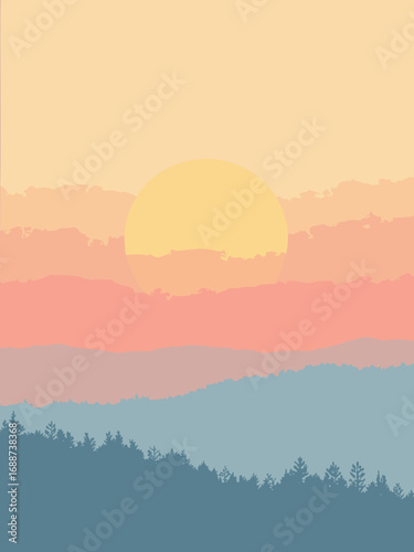 Abstract sunrise gradient, palette: warm yellow, peach, coral, soft blue