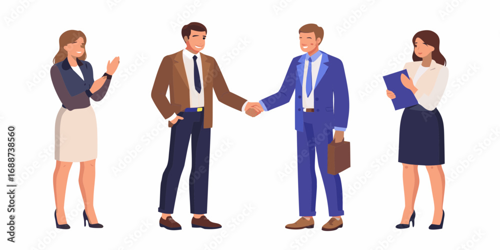 Fototapeta premium Business professionals shaking hands in agreement with colleagues observing and holding documents