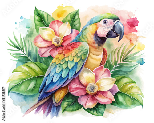 Exotic Watercolor Parrot with Tropical Flowers Isolated on White