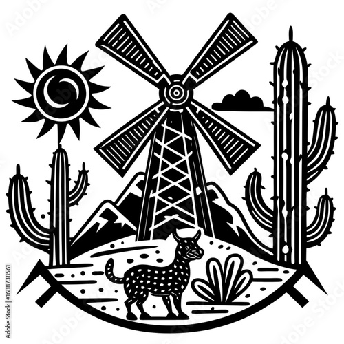 Minimilist black and white illustration of a desert landscape with a windmill and a spotted animal standing vector