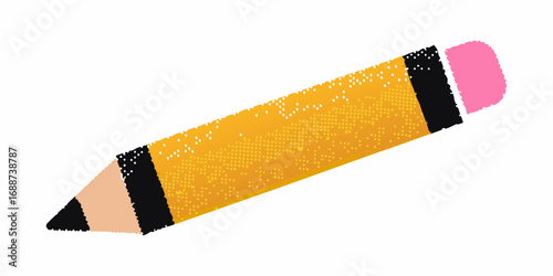 A bright yellow pencil with a pink eraser and sharpened tip rendered in a dotted artistic style