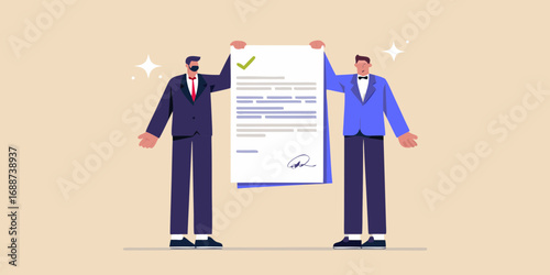 Two businessmen in suits proudly present a signed contract with a green checkmark signifying approval and success