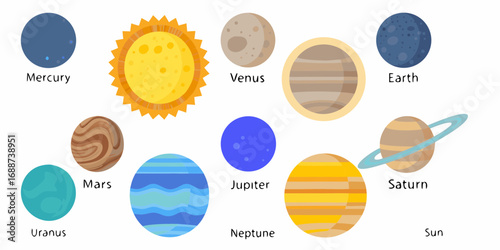 Stylized illustration of the sun and planets of our solar system in a flat design style