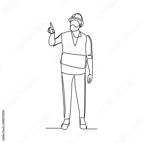 Continuous line drawing of standing building construction worker and engineering man. One line art of architect or engineer mechanic. Vector illustration editable stroke